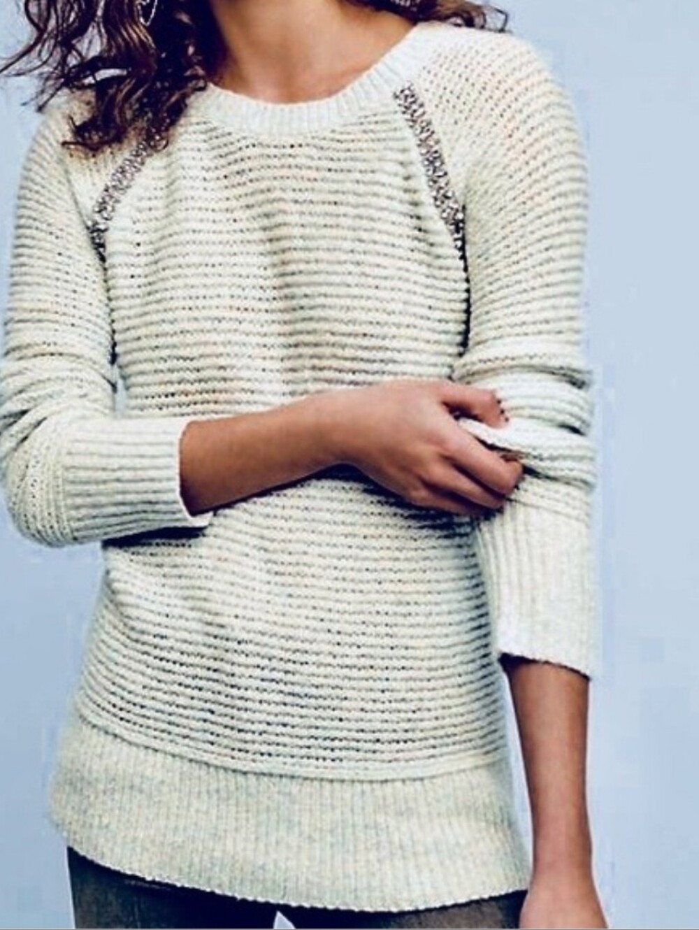 Anthropologie × Sleeping On Snow Rhinestone Trim Light Blue Pullover Sweater XS